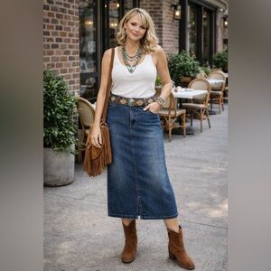 Denim Midi Skirt Size 14 – 100% Cotton Blue Jean Skirt with Back Slit